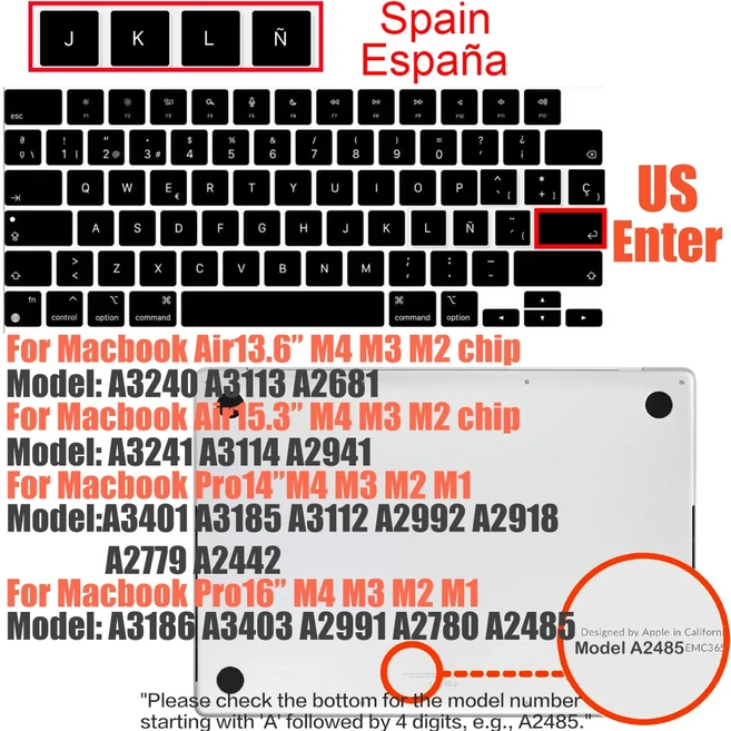 2025 MacBook Air 13.6 M4 A3240 A3113 Pro14 A2991 터치 ID 용 호환 키보드 커버, 12 US Spain