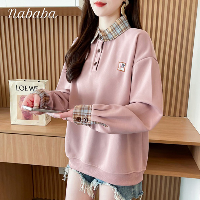 나바바 NT2286 여성 체크 카라 배색 포인트 긴팔 맨투맨