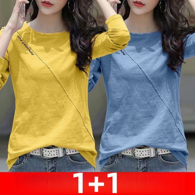 1+1 슬라브 긴팔티셔츠 여성 봄가을 루즈핏 빅사이즈 라운드넥 레깅스 상의