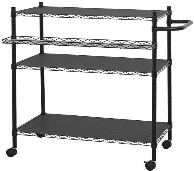 品樂生活 三層收納推車, 黑|90寬-三層黑PP板手把款+90半網