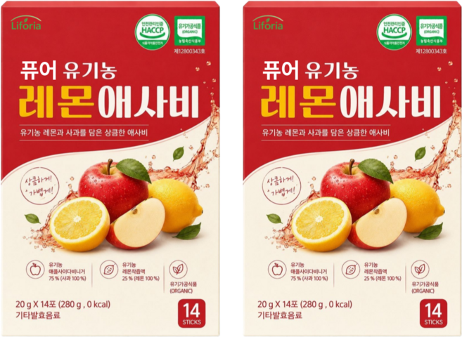 [리포리아] 유기농 레몬 애사비 액상 자연발효 식초 100% 스틱 애플사이다 비니거 폴리페놀, 2개, 280g