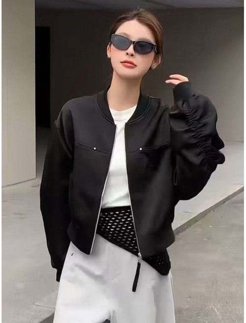 緞面立領棒球服外套女 寬鬆夾克上衣