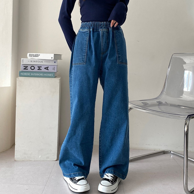 빅걸스토리 여성 빅사이즈 와이드핏 밴딩 스판 통청바지 진청 연청