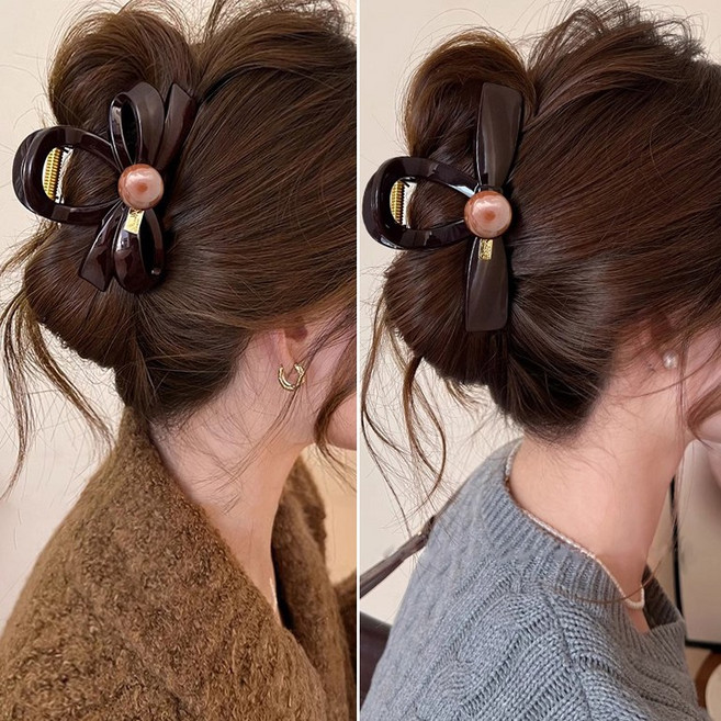 바이진주리본 세련 브라운 리본 올림머리 집게핀 2종 세트