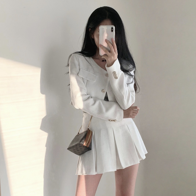 트위드 숏 자켓 플리츠 스커트 투피스 세트