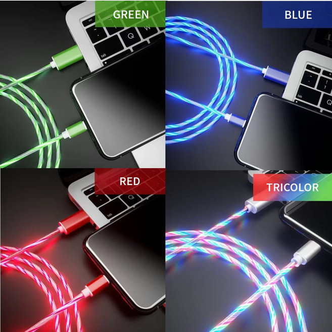 빛나는 C타입 LED 충전 케이블 USB 고속 충전선, 1개, 블루 USB to C, 1m