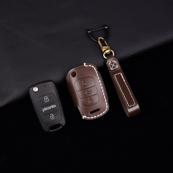 현대 기아 3버튼 폴딩키 케이스 소가죽 차키 키케이스 레이 모닝 엑센트 호환, 1개, 브라운