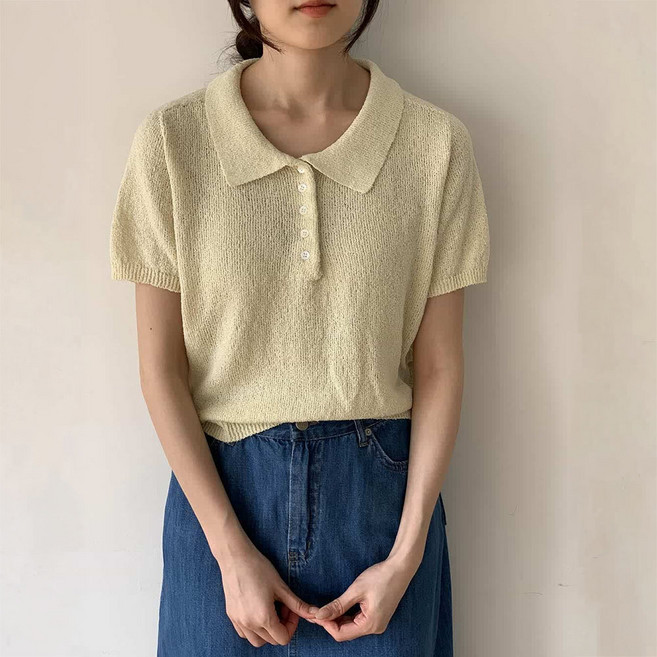 봉봉 데일리 반팔 나들이 니트 캐주얼 부클 카라 모임 린넨혼방 여름 홀가먼트 20대