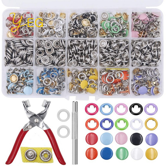 [200세트] 똑딱이 단추 옷 스냅 장착 툴 세트 다용도 가능 소재 단추+펜치, 200개, 투명한