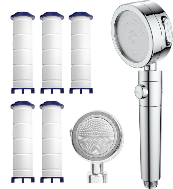 Ataasha 필터 샤워기 고압 3단조절 마사지샤워기 여행용 샤워기헤드, 실버, 1세트