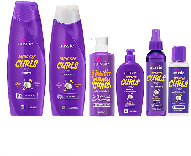 Aussie Miracle Curls 미라클 컬즈 샴푸 컨디셔너 딥 컨디셔너 리프레셔 젤 디탱글링 밀크 오일 트리트먼트 세트, 6개