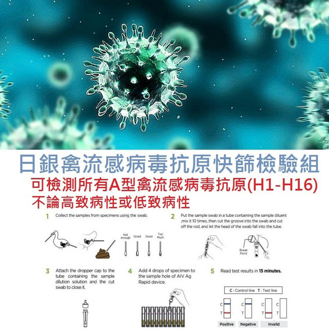 日銀 禽流感病毒抗原快篩檢驗組 可檢測所有A型禽流感病毒抗原(H1-H16), 1個, 【日銀】禽流感病毒抗原快篩檢驗組三十入組(檢測所有A型禽流感病毒抗原H1-H16)