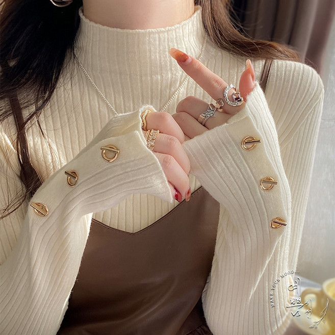 예쁨시전 이너 레이어드 소장템 골드 패치 반목 긴팔 골지 니트