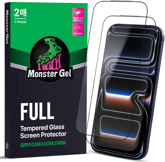 몬스터 고화질 슈퍼강력 투명 강화유리 휴대폰 액정보호필름 2p + 똥손탈출 부착틀, 1세트