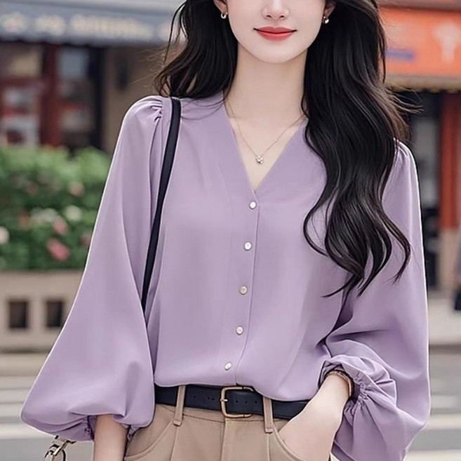 ROYALBELLE 여성 브이넥 쉬폰 퍼프소매 루즈핏 데일리 버튼 셔츠 B06011407