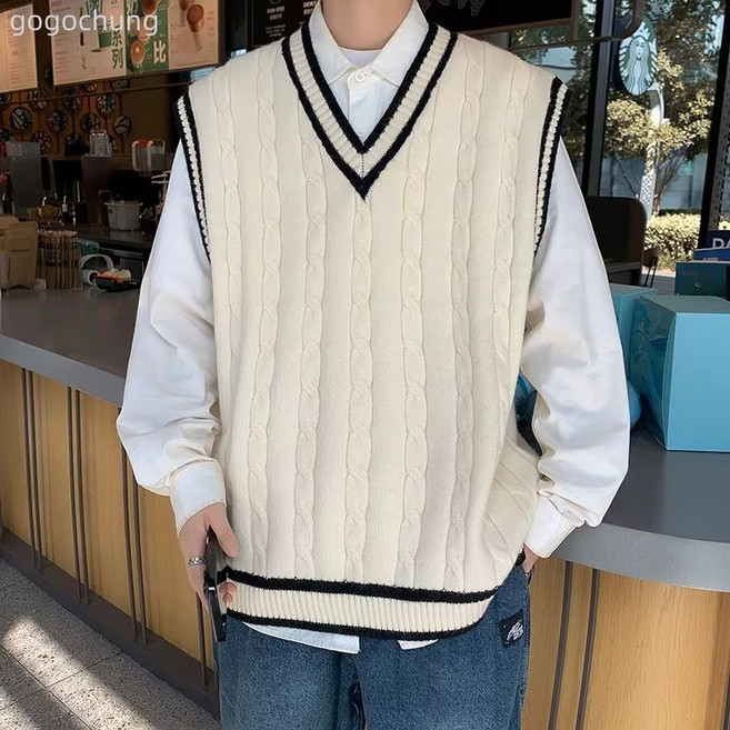 學院風V領針織馬甲男秋冬美式復古寬鬆無袖毛衣背心套頭坎肩外套