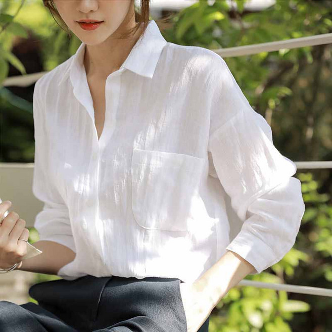 AOKADA 여성 린넨 루즈핏 긴팔 카라 셔츠