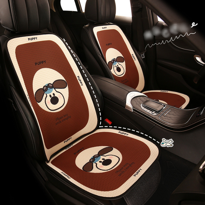 무니유유 자동차 캐릭터 사계절용 시트커버 통풍 쿠션 방석 세트, 브라운 앞좌석 세트, 1개