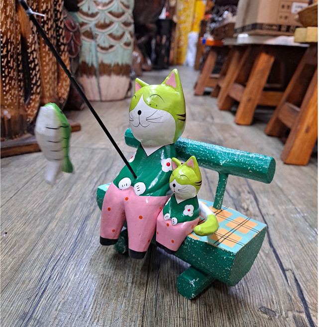 낚시하는 아빠와 아들 고양이 인형 목각 고양이 장식 소품 카페 장식품 아이방 꾸미기, 그린 벤치 아빠와 아들