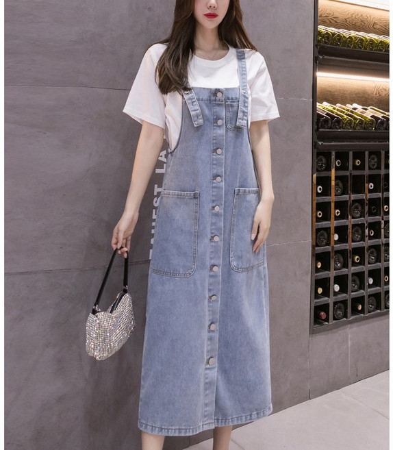 아이엠몽 여성 청 멜빵 단추 포인트 원피스 청피수
