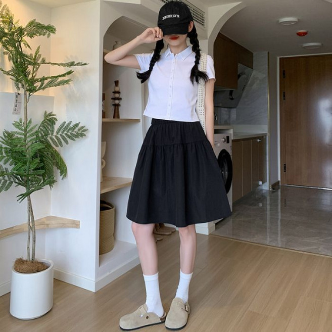 SAHINER 여성 A라인 밴딩 미디 스커트 캐주얼 봄여름 데일리 BDQ10