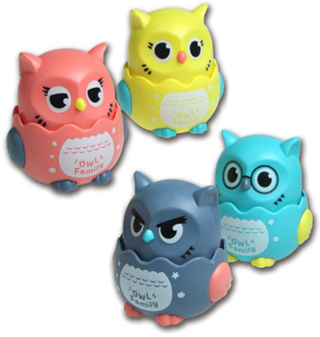 부엉이 가족 누르면 달려가는 푸시고 자동차 터미타임 배밀이 장난감 어린이 단체 선물, 4P 세트, 혼합색상, 1개