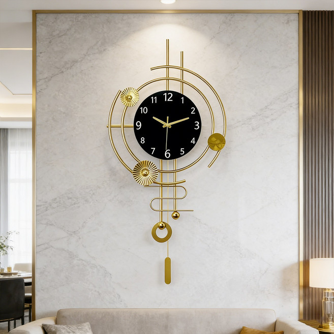 올 골드 메탈 지오메트리 아트 벽시계 블랙 다이얼 포인트 모던 럭셔리 디자인 멀티 추 무소음 인테리어 소품 거실 현관 집들이선물, Black golden