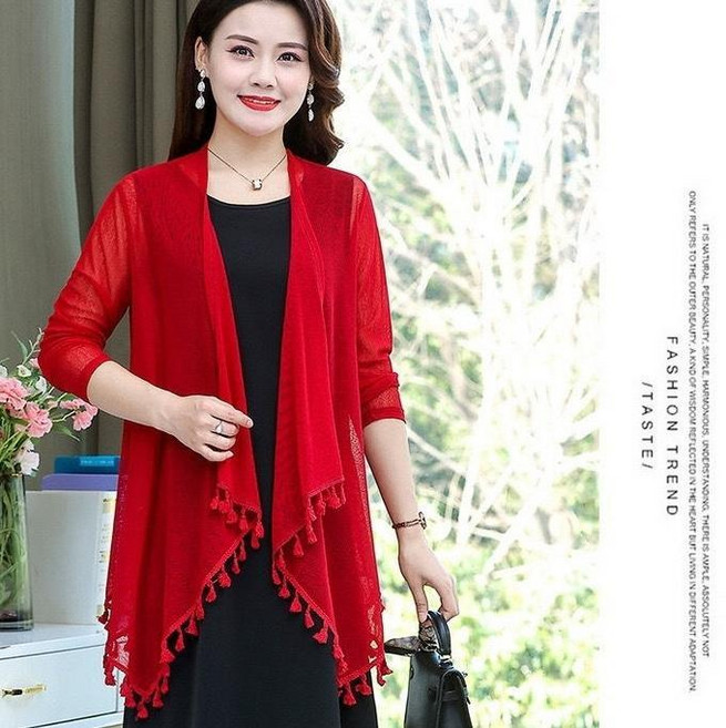 網紗鏤空外搭開衫女夏季薄款披肩外套, 198大紅色外搭,2XL  建議57.5-65.0公斤