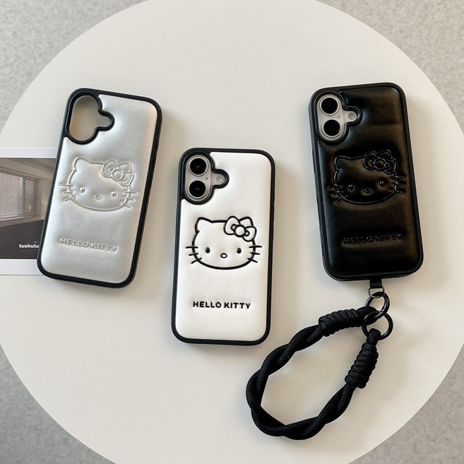 아이폰 16 15 14 13 pro max 태그홀더 스트랩 고양이 캐릭터 엠보싱 패딩 가죽 슬림 실리콘 범퍼 케이스