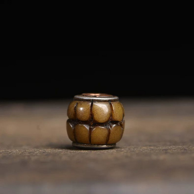 藏傳犛牛骨雕刻老銅鑲嵌桶珠散珠 DIY佛珠飾品
