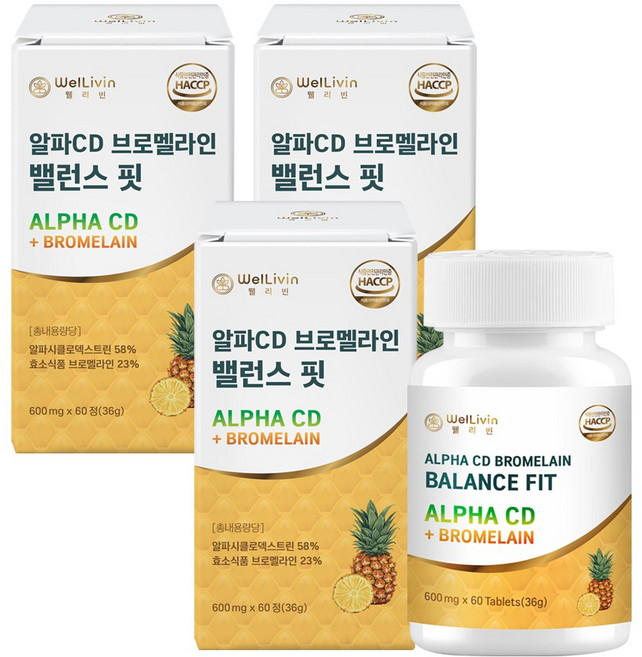 알파CD 브로멜라인 효소 알파시클로덱스트린 난소화성말토덱스트린 파인애플효소 식약청인증, 3개, 60정