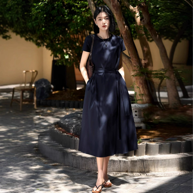 ZAJA 여성 여름 반팔 롱 원피스 프렌치 루즈핏 벨티드 A라인 하객원피스