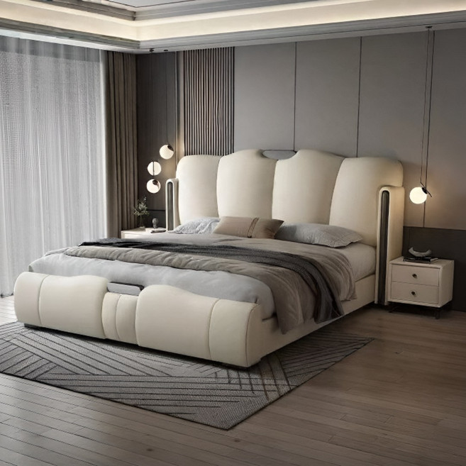 우리네가구 이탈리아식 라이트 럭셔리 가죽 침대 메인 아쿠아 베드 모던 심플 레더 베드 소프트 침대프레임 AB1, (매트리스포함)아이보리