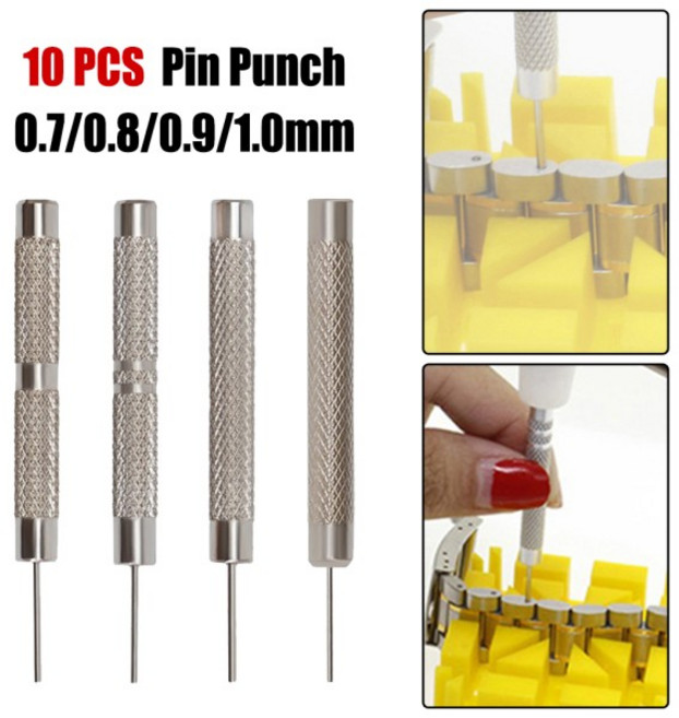 10개 핀 펀치 0.7/0.8/0.9/1.0mm 시계줄 스트랩 팔찌 링크 스프링 바 제거기 공구 세트, 01 1.0mm