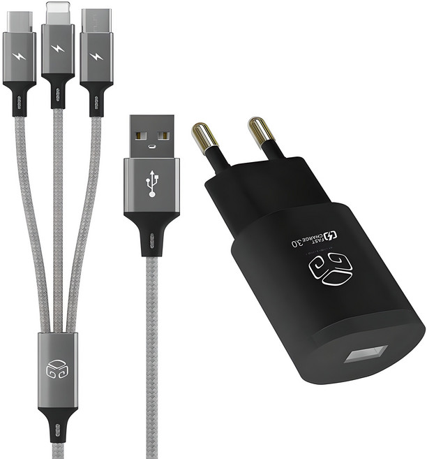 디지지 퀼컴 3.0 고속 충전 아답터 USB 1포트 18W + 3 IN 1 스카이 메타 멀티케이블 120cm, 블랙, 1개