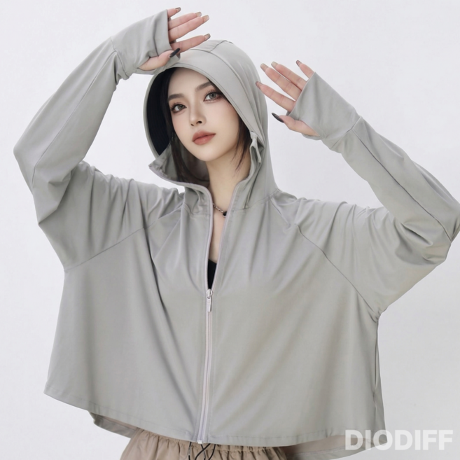 디오디프 자외선 차단 쿨링 후드집업 바람막이, 라이트그레이