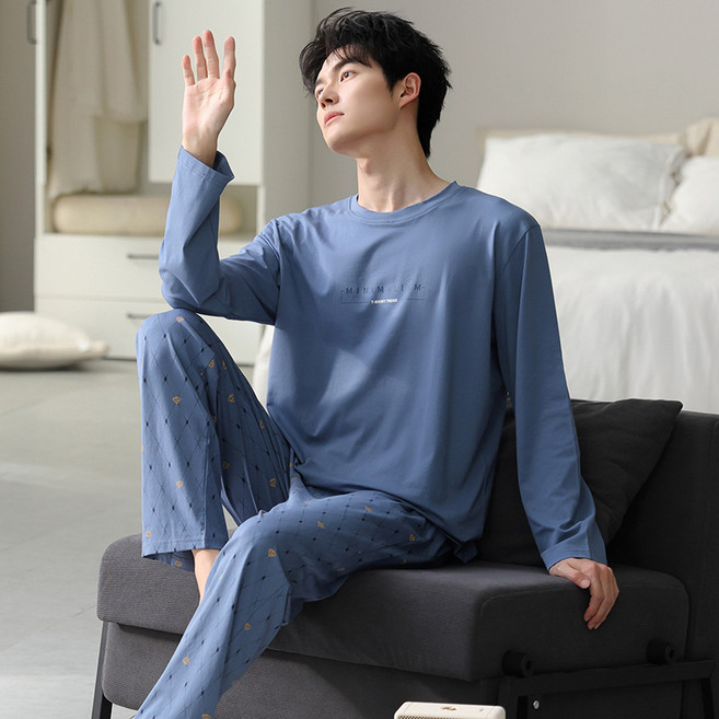 睡衣男士春秋款純棉長袖青少年休閒可外穿秋季家居服大碼套裝