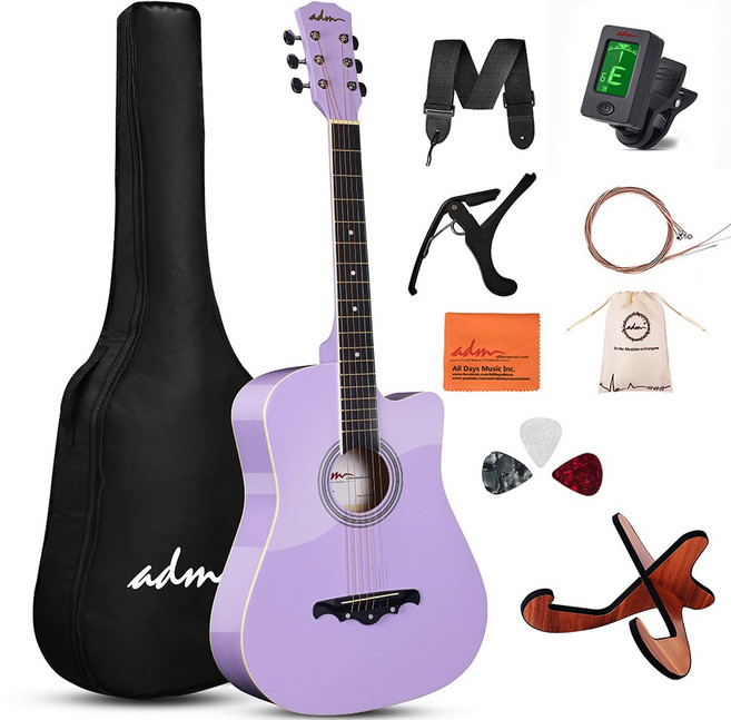 ADM 포크 기타 38인치 글로시 컷어웨이 스타터 세트 입문자용, 보라색, 1개