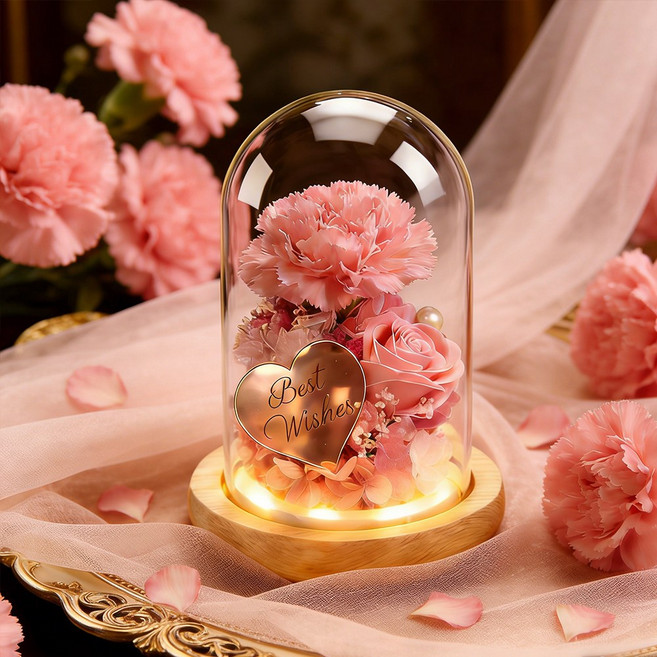 시들지 않는 유리돔 무드등 카네이션 꽃다발 엄마와 시어머니께 드리는 어버이날 선물생일 선물 1개 분홍색