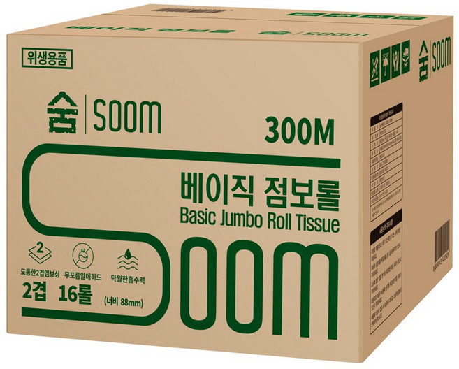 숨 베이직 점보롤 2겹 300M 대용량 공공장소 휴게소 업소용 빌딩관리 화장지 휴지 두루마리, 1개, 16롤