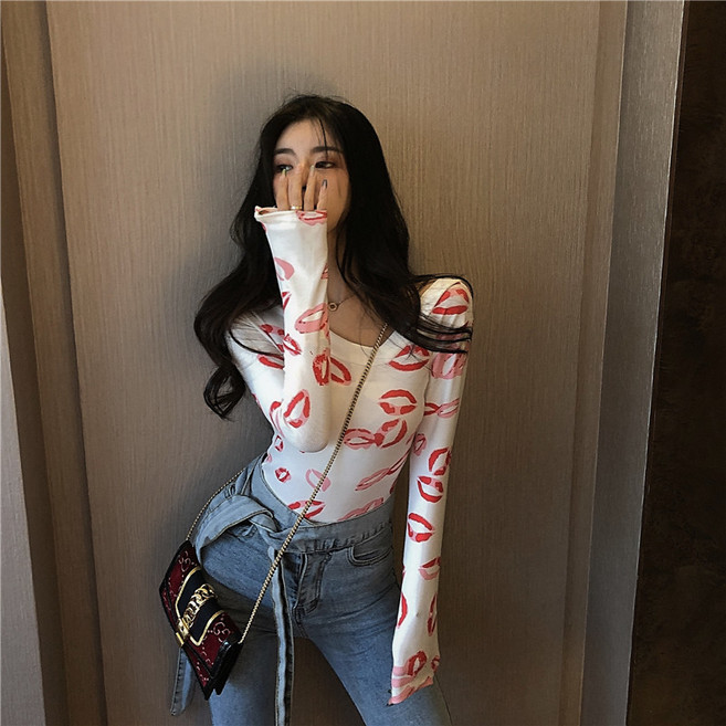 치유쿠 오프숄더 슬림 섹시 레드 립 프린트 레깅스 여성 긴팔 티셔츠