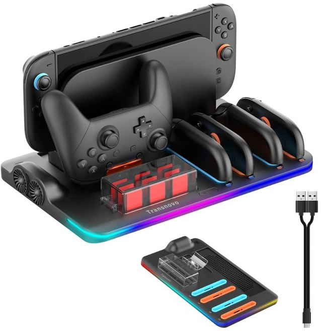 Transnovo 多功能充電收納底座丨相容於 Switch 2 充電座 充電器 一站式充電 RGB 散熱, 黑, 1套, NS2-CG04