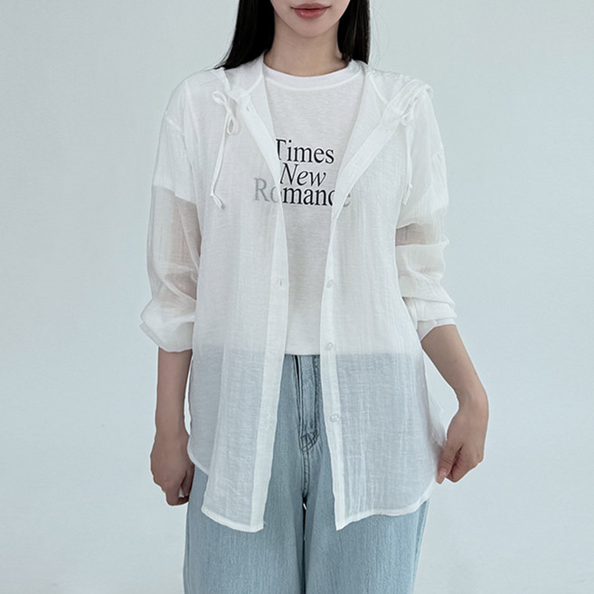 파스텔 시스루 썸머 루즈핏 후드 셔츠 남방