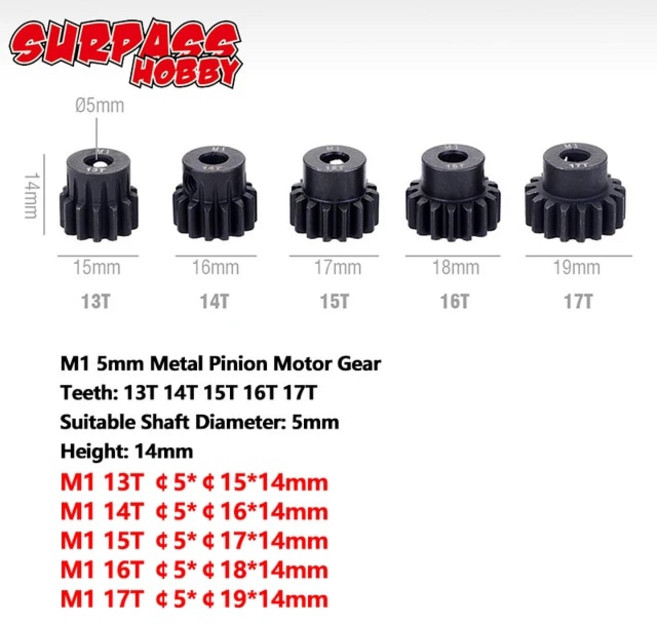 피니언기어 평기어 스퍼 금속 피니언 모터 기어 M1 5mm 11T 12T 13T 15T 17T 19T 20T 21T 23T 25T 27T 29T 30T 18 RC 자동차 몬스터 트, 2) 13T 14T 15T 16T 17T, 1개