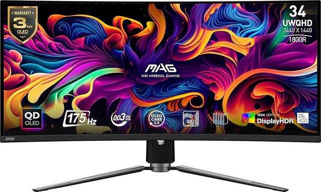 Msi MPG 341CQPX QD-OLED 34인치 곡선형 OLED 게이밍 모니터 3440 x 1440UWQHD 0.03ms 응답 시간 240Hz 트루 블랙 HDR 40, 175Hz
