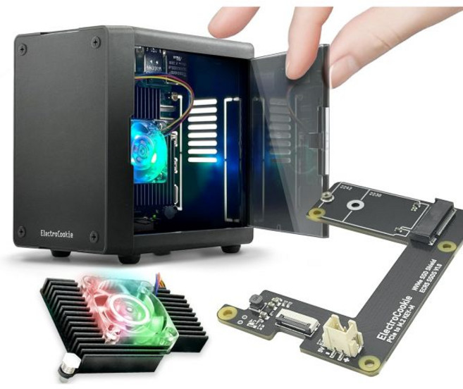 일렉트로쿠키 미니 PC 케이스 라즈베리파이 5용 M.2 NVMe SSD PCIe HAT 및 액티브 RGB 조명 쿨러 (블랙 + ECR5 SSD)