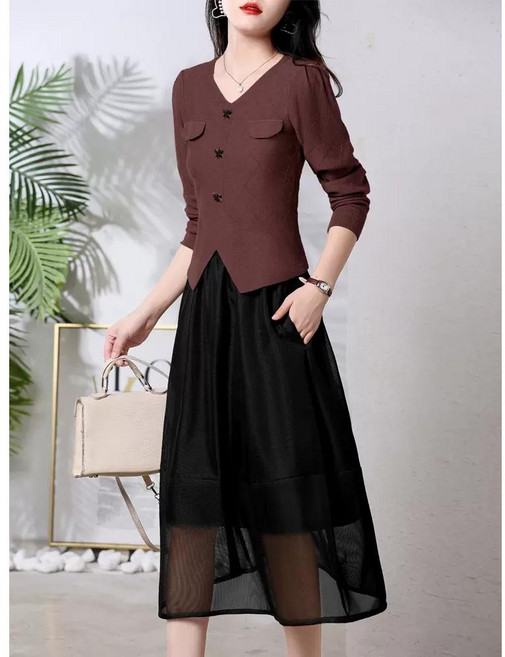 투피스 드레스 2023 신작 한국판 고급형 패션 니트 탑 메쉬 연령 축소 봄