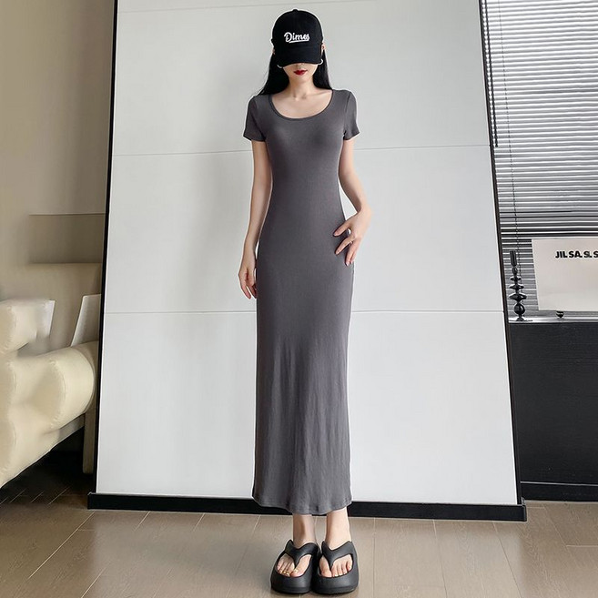 性感低領彈力修身顯瘦長款包臀高腰過膝長裙, 1個, 深灰色2XL 建議125-155斤