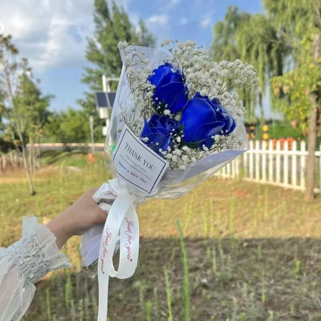 碎冰藍玫瑰 永生花 滿天星乾花花束, 三朵藍色妖姬送透明禮袋和燈
