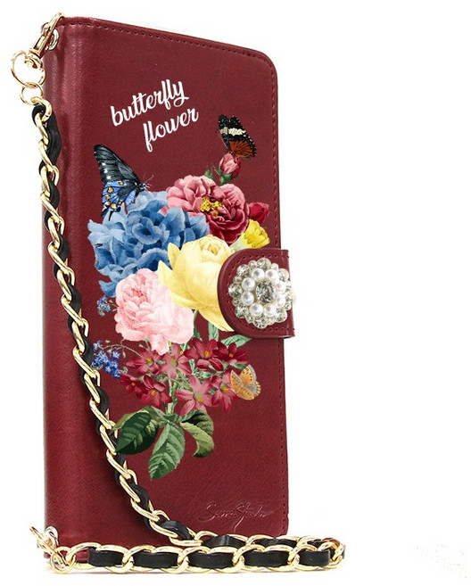 나비와 꽃 버터플라이 플라워 다이아 장신구 손목체인 스트랩 지갑형 휴대폰케이스